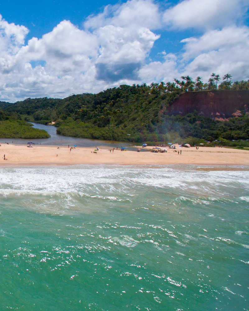 Praia com ondas suaves, faixa de areia e morros cobertos de mata